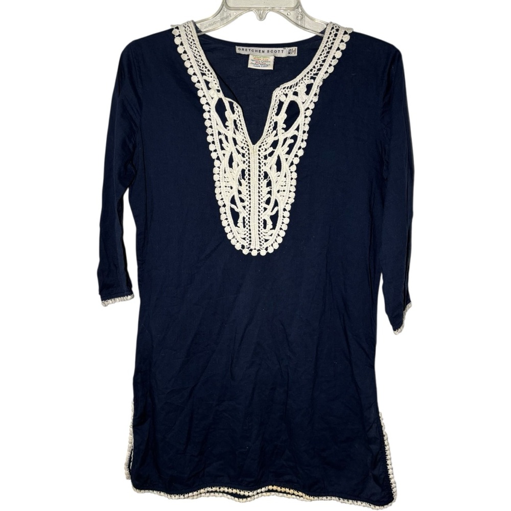 Gretchen Scott Navy Tunic‎ Dress XS Embroidered Lace Trim Cotton Boho Cover Up